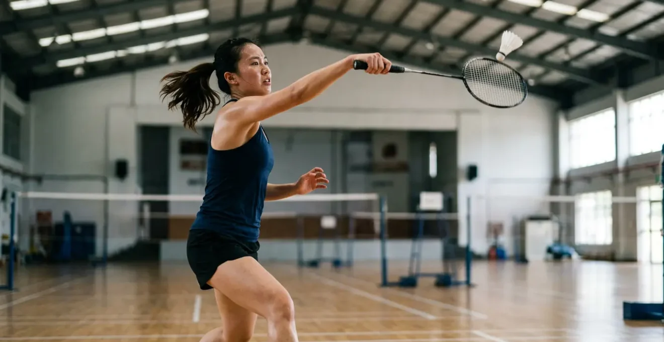 Joueur de badminton en pleine frappe avec volant en mouvement dans un gymnase