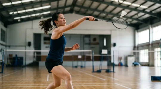 Joueur de badminton en pleine frappe avec volant en mouvement dans un gymnase