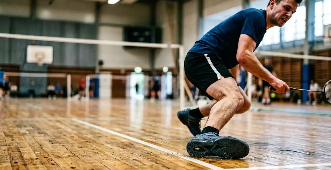 Joueur de badminton effectuant un freinage lateral dynamique sur terrain interieur avec focus sur les chaussures et l'adherence