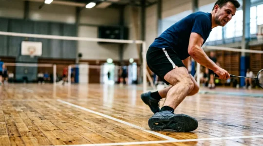 Joueur de badminton effectuant un freinage lateral dynamique sur terrain interieur avec focus sur les chaussures et l'adherence