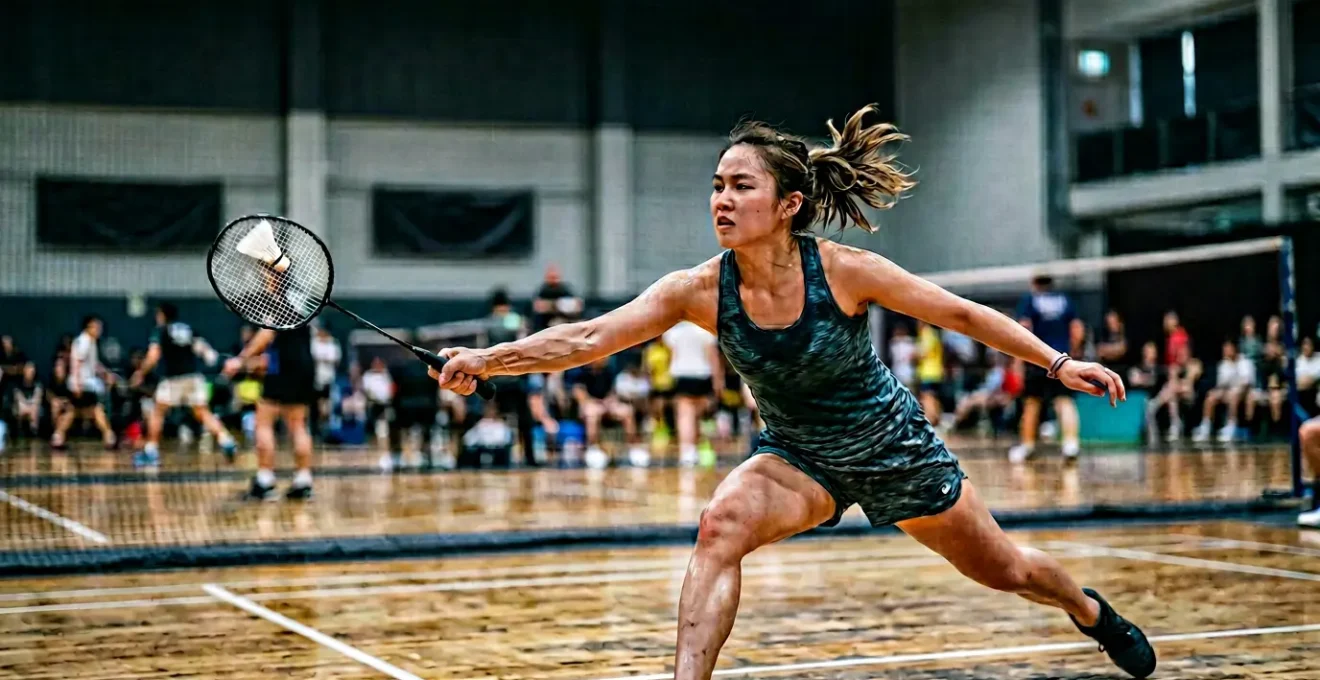 Athlète de badminton en plein effort intense montrant la détermination et l'endurance nécessaires pour tenir trois sets