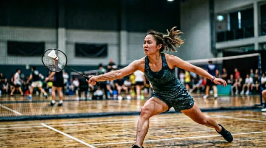 Athlète de badminton en plein effort intense montrant la détermination et l'endurance nécessaires pour tenir trois sets