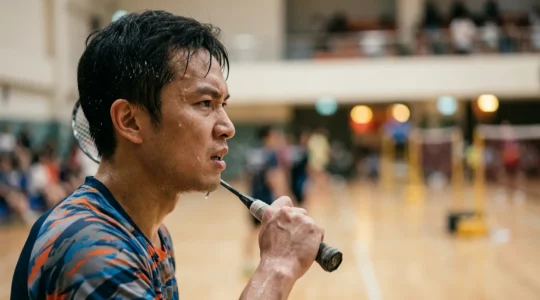 Joueur de badminton dans un moment de haute pression lors d'un point décisif