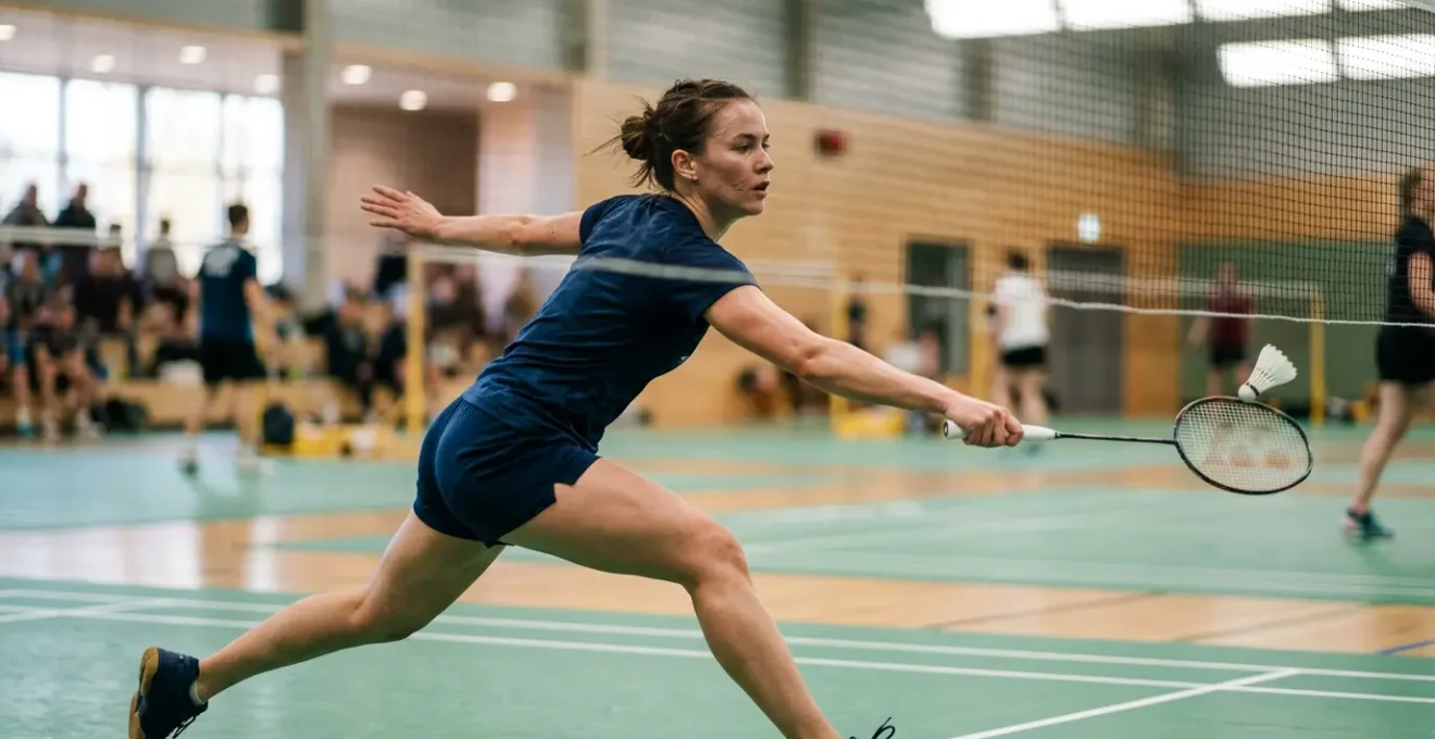 Athlète de badminton en pleine action lors d'un match intense montrant la dépense énergétique