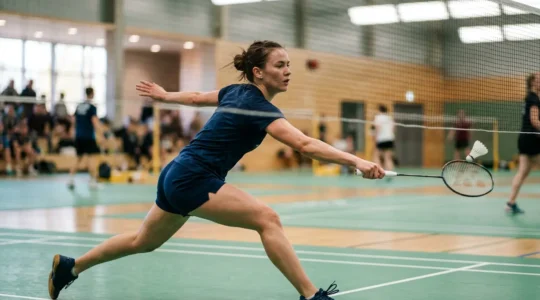 Athlète de badminton en pleine action lors d'un match intense montrant la dépense énergétique