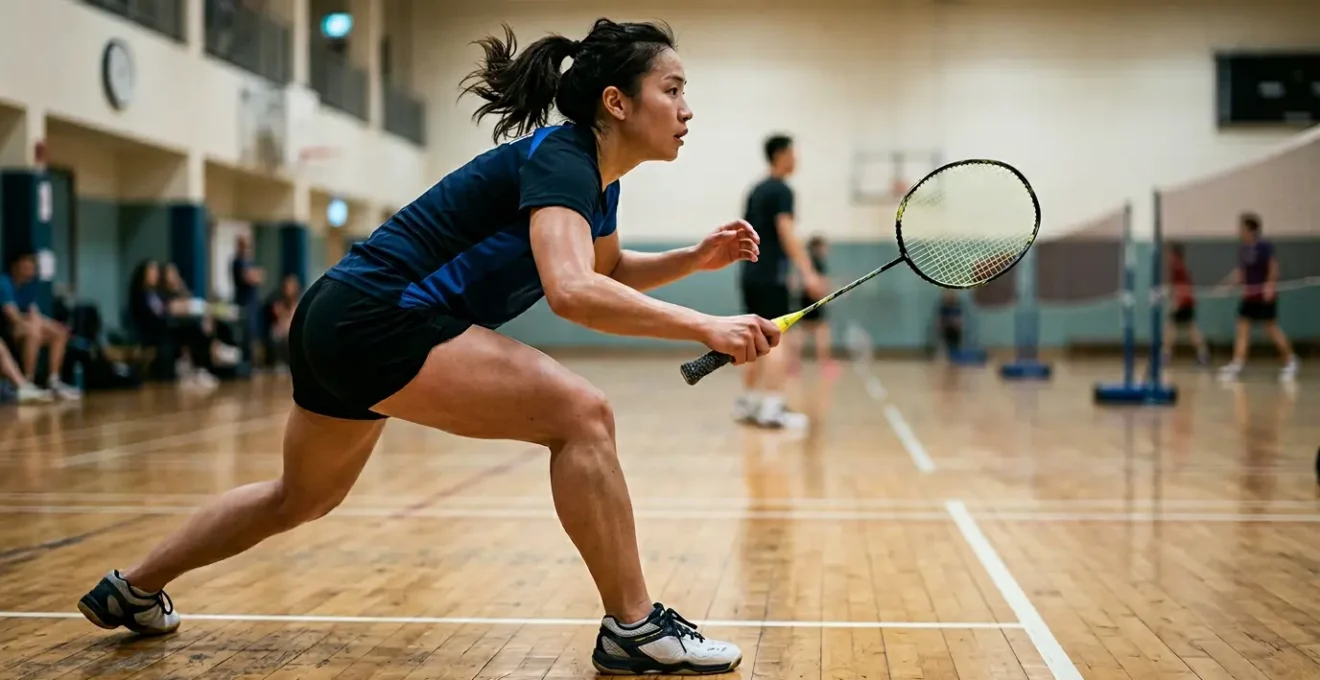Joueur de badminton dans une position d'attente explosive avec jambes écartées et centre de gravité bas sur un terrain