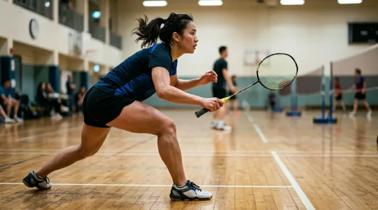 Joueur de badminton dans une position d'attente explosive avec jambes écartées et centre de gravité bas sur un terrain
