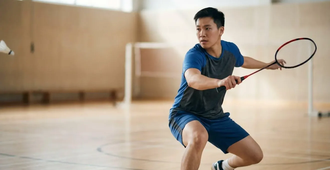 Joueur de badminton en position défensive basse exécutant un dégagement au fond de court