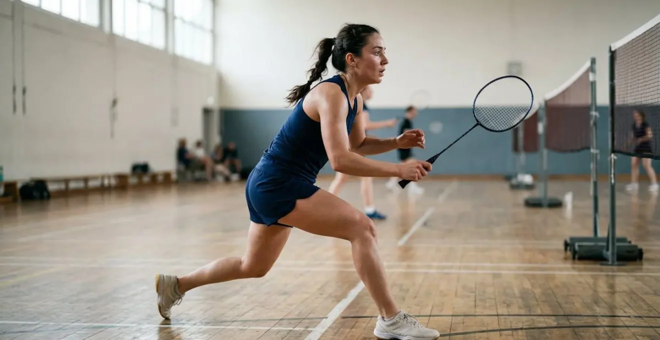 Joueur de badminton effectuant un replacement rapide vers le centre du terrain après une frappe