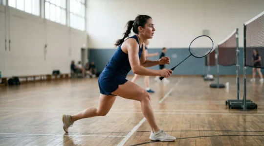 Joueur de badminton effectuant un replacement rapide vers le centre du terrain après une frappe