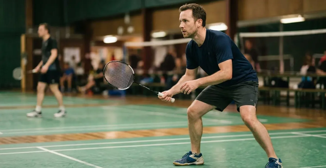 Joueur de badminton amateur concentré sur le terrain en position stratégique