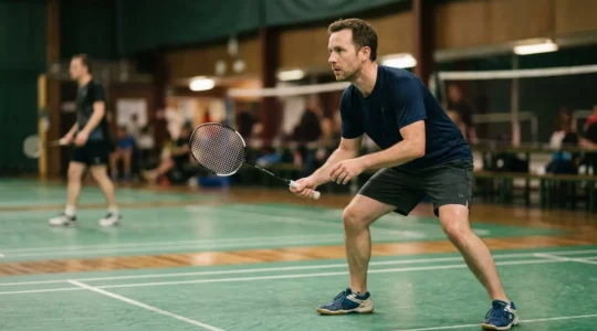 Joueur de badminton amateur concentré sur le terrain en position stratégique