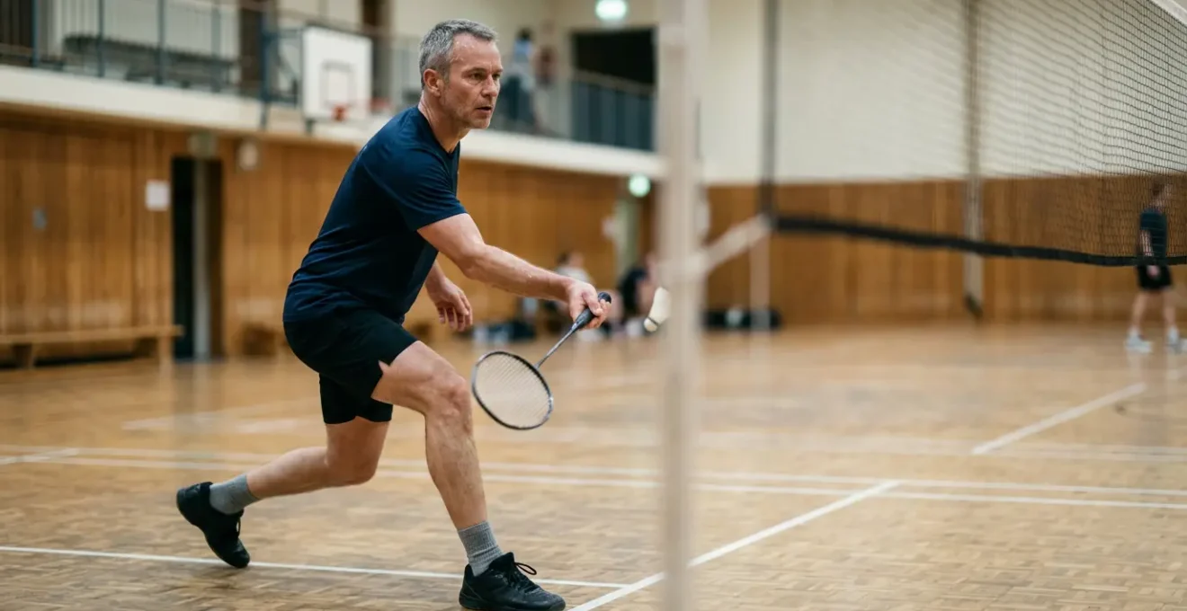 Joueur de badminton expérimenté d'âge mûr en action sur terrain, mouvement contrôlé et placement stratégique