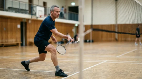 Joueur de badminton expérimenté d'âge mûr en action sur terrain, mouvement contrôlé et placement stratégique
