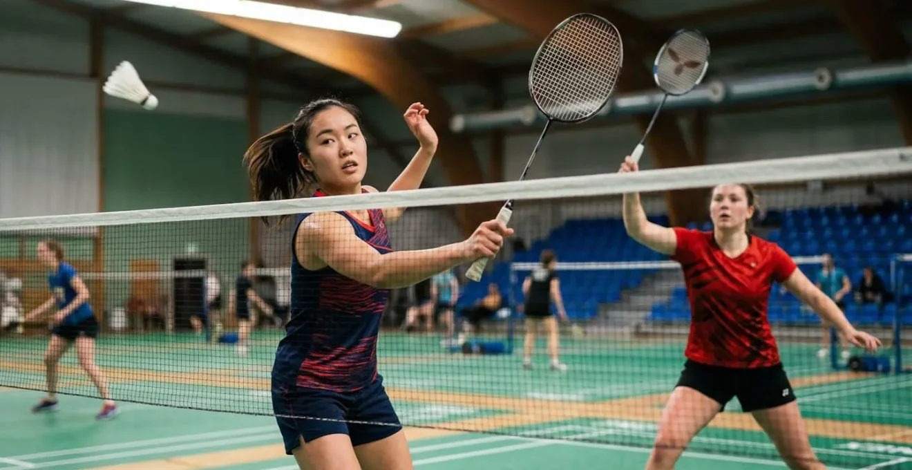 Deux joueurs de badminton en double échangeant des drives rapides au-dessus du filet