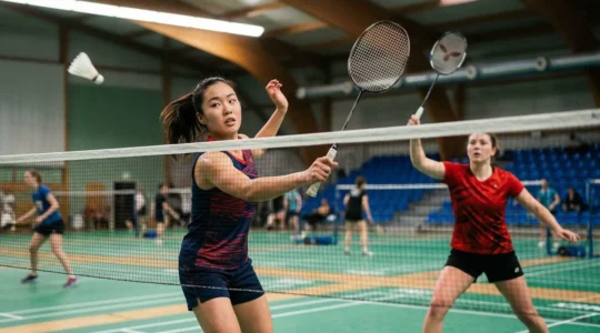 Deux joueurs de badminton en double échangeant des drives rapides au-dessus du filet