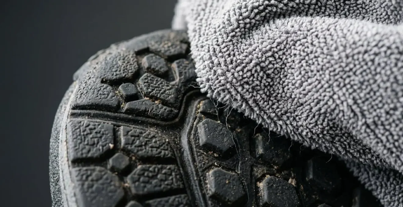 Detail macro d'une serviette en microfibre nettoyant delicatement la semelle d'une chaussure de sport