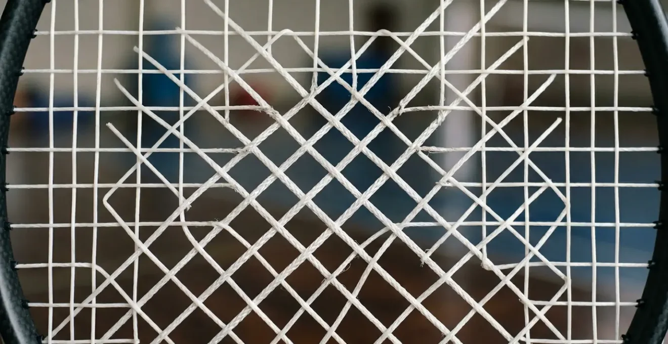 Gros plan sur le cordage d'une raquette de badminton professionnelle avec zone de centrage visible