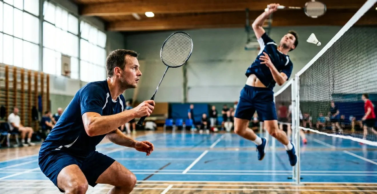 Deux joueurs de badminton en formation attaque lors d'un match de double