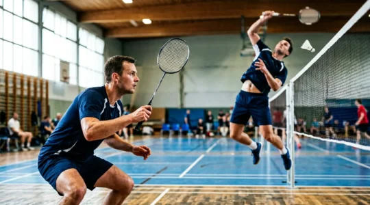Deux joueurs de badminton en formation attaque lors d'un match de double