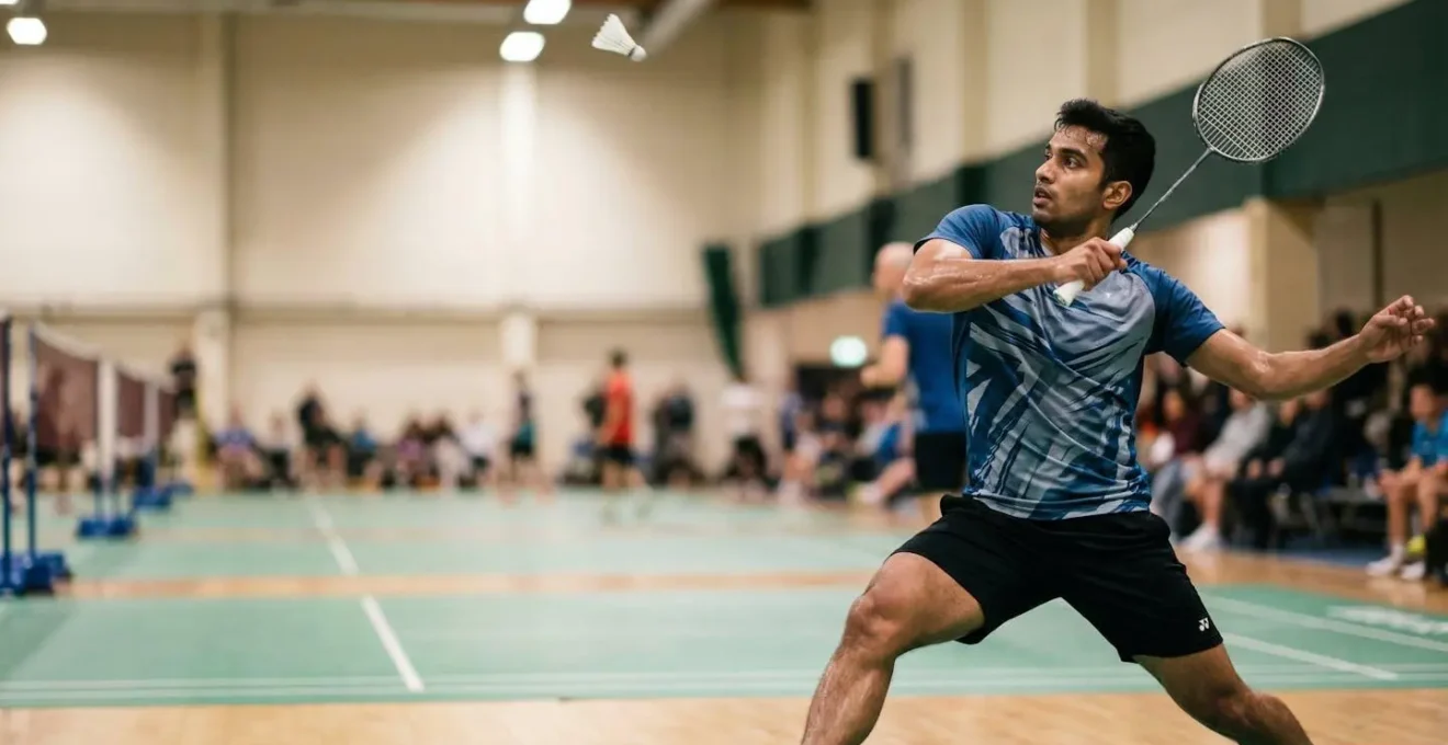 Joueur de badminton en pleine rotation du bassin et du tronc lors d'un coup droit explosif en fond de court