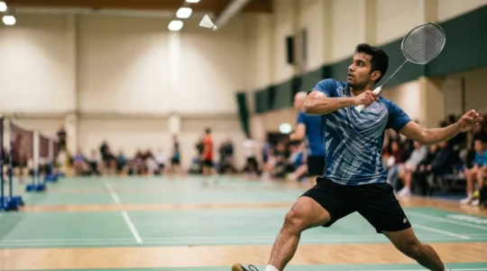 Joueur de badminton en pleine rotation du bassin et du tronc lors d'un coup droit explosif en fond de court