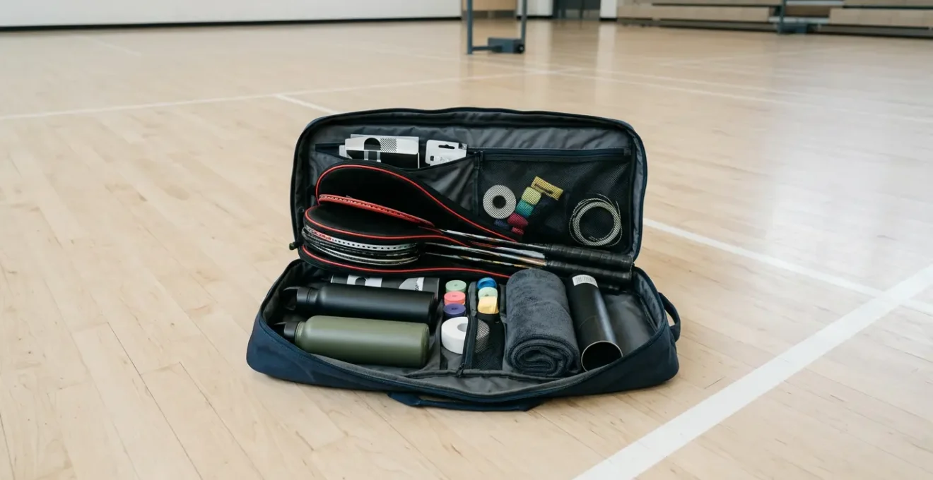 Préparation d'un sac de badminton pour un tournoi avec équipement essentiel