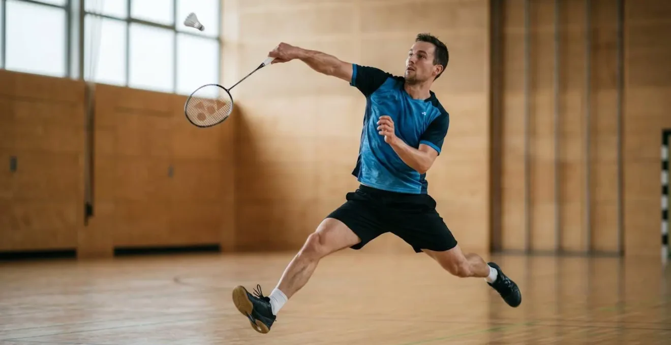 Joueur de badminton exécutant un saut en ciseau avec changement de jambes en plein vol