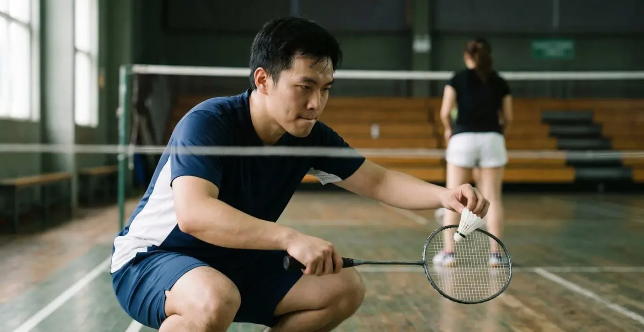 Joueur de badminton en pleine concentration lors d'un service court en match sous pression