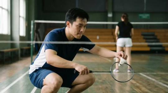 Joueur de badminton en pleine concentration lors d'un service court en match sous pression