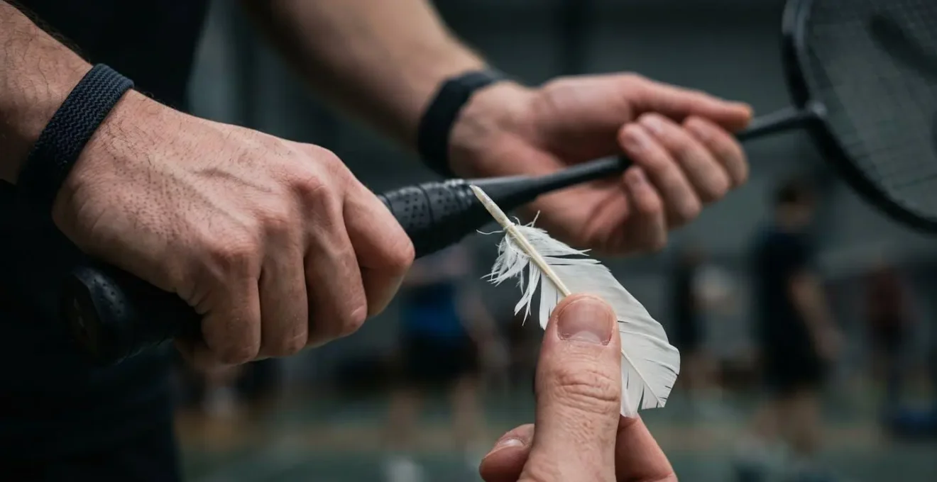 Gros plan sur les mains d'un joueur de badminton tenant le volant avant un service court