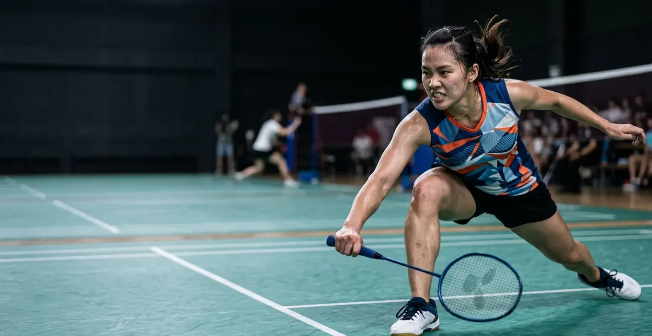 Joueuse de badminton en simple dames effectuant un déplacement défensif rapide lors d'un échange intense
