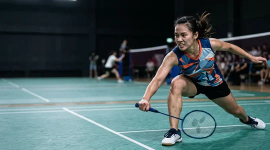Joueuse de badminton en simple dames effectuant un déplacement défensif rapide lors d'un échange intense