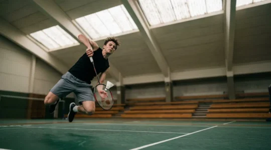 Joueur de badminton en suspension frappant un smash piqué avec trajectoire descendante marquée