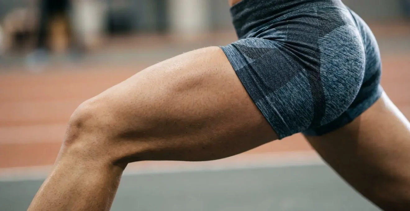 Gros plan sur les jambes d'une athlète effectuant une fente profonde montrant l'amplitude articulaire en badminton