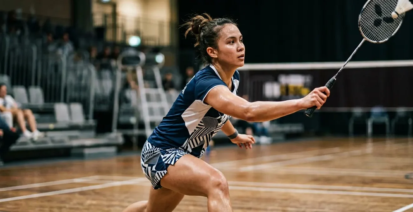 Joueur de badminton dans une position stratégique intense lors d'un moment décisif de match
