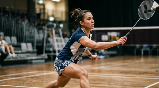 Joueur de badminton dans une position stratégique intense lors d'un moment décisif de match