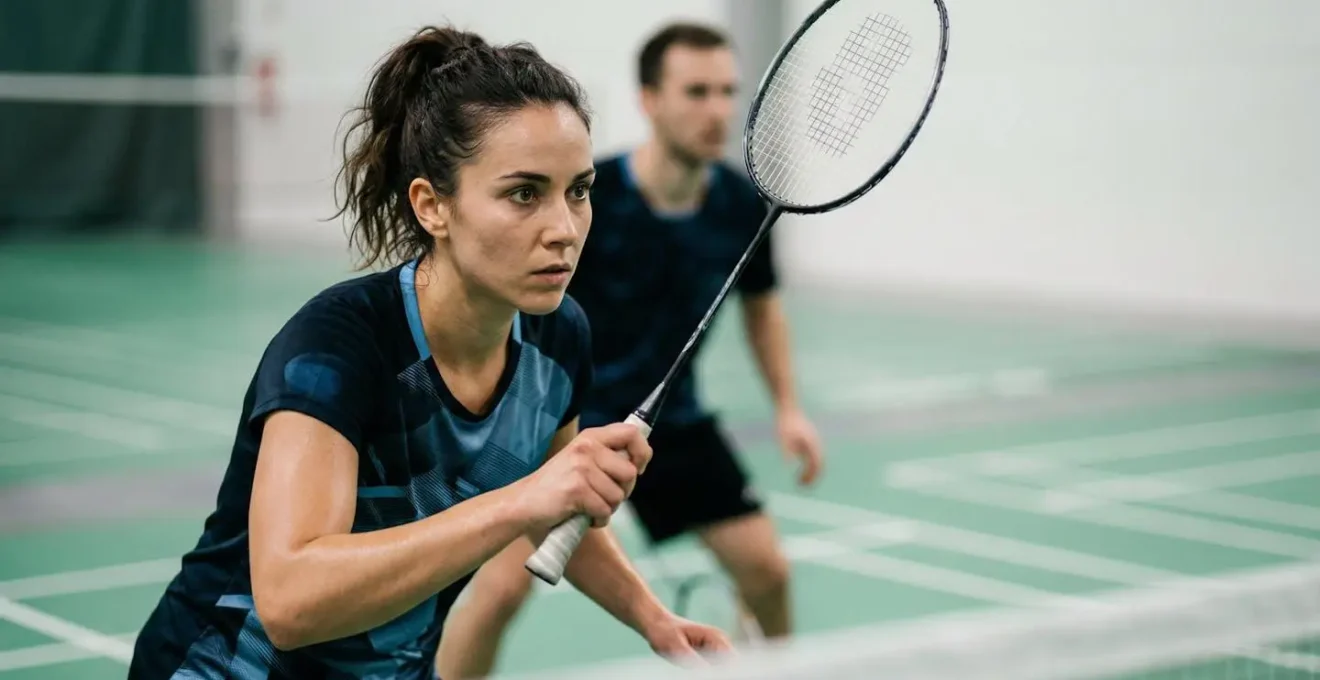 Joueuse de badminton en position défensive au filet lors d'un match de double mixte