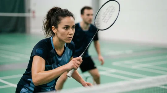 Joueuse de badminton en position défensive au filet lors d'un match de double mixte