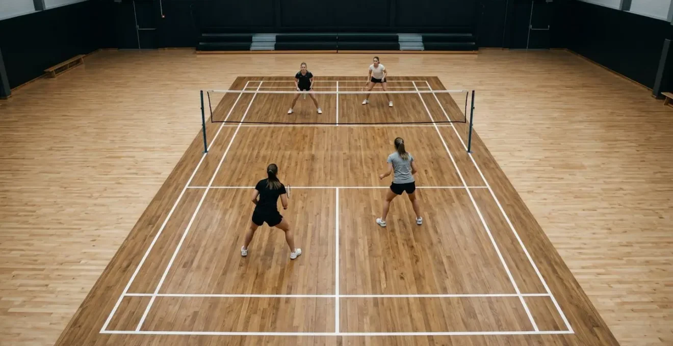 Vue aérienne minimaliste d'un terrain de badminton en double montrant le positionnement stratégique et les zones de couverture