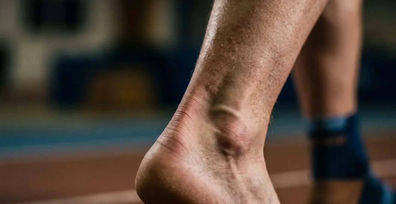 Gros plan macro sur un tendon d'Achille sous tension illustrant le stress biomécanique