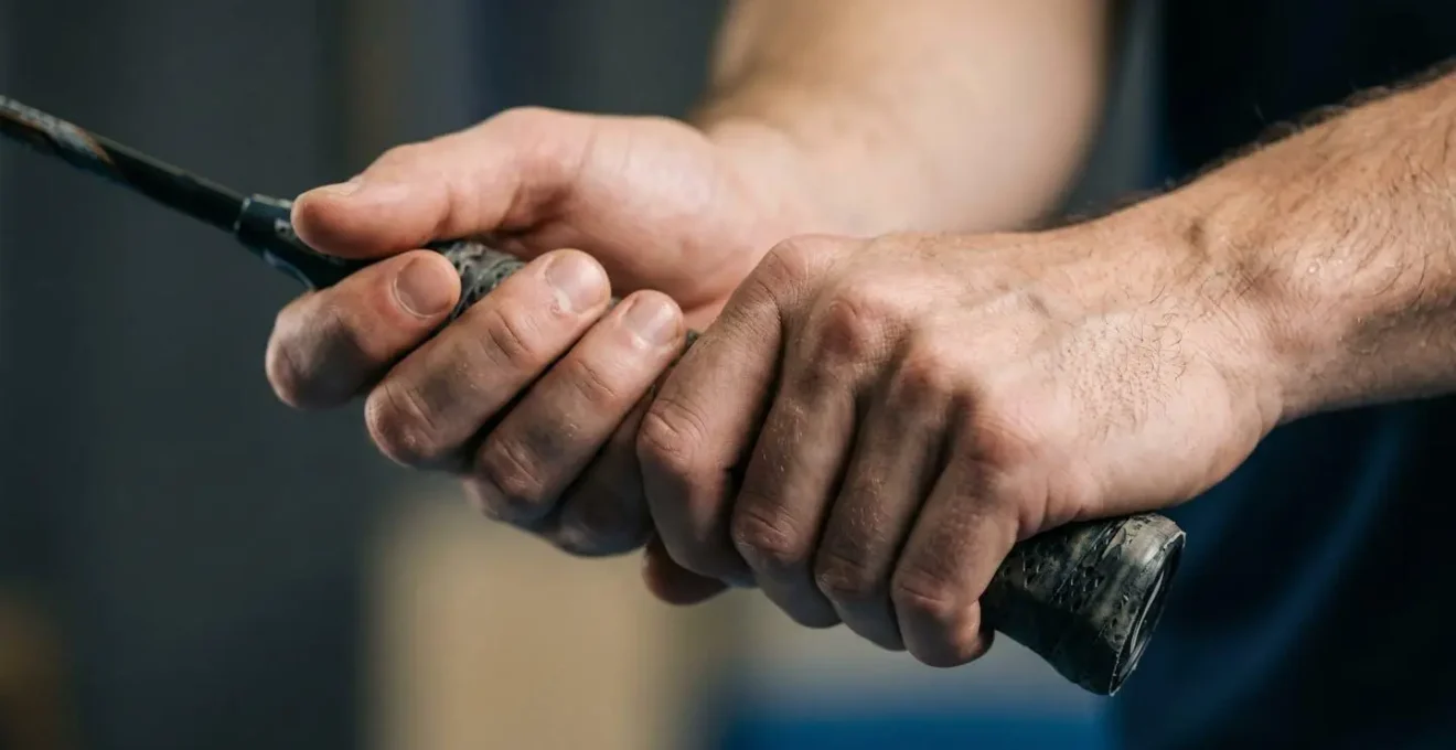 Gros plan sur les mains crispées d'un sportif tenant une raquette sous tension