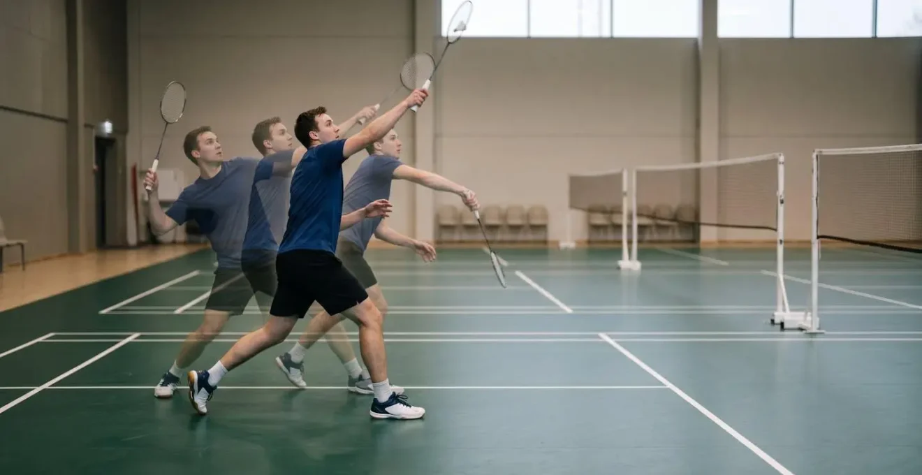 Séquence de mouvement montrant le transfert du poids du corps et la rotation des hanches déclenchant l'extension du bras au badminton