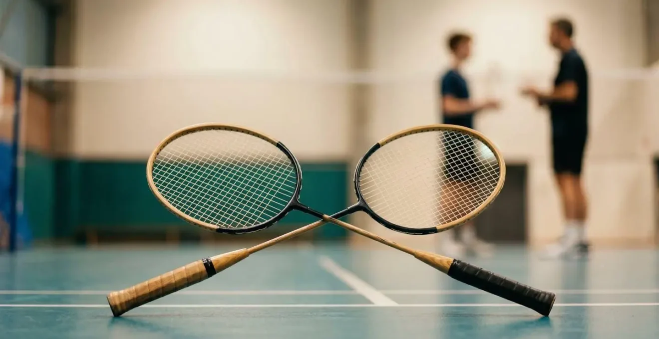 Entraîneur de badminton montrant une technique à un élève sur un court intérieur