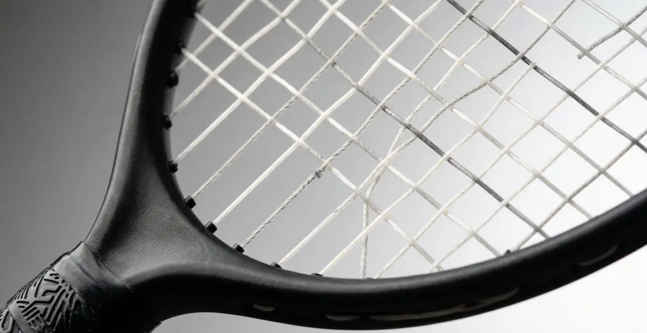 Gros plan macro sur le tamis d'une raquette de badminton montrant l'angle et l'orientation des cordages