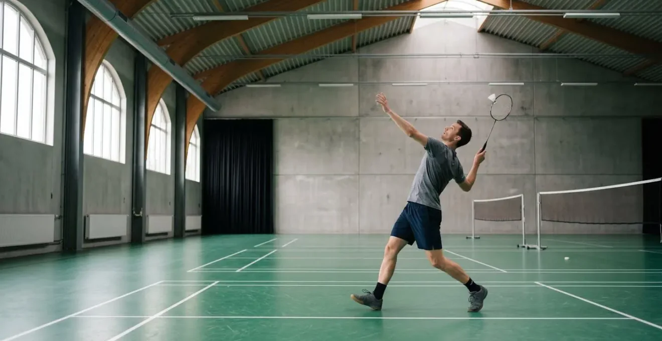 Joueur de badminton en plein mouvement de frappe sur terrain intérieur avec éclairage naturel