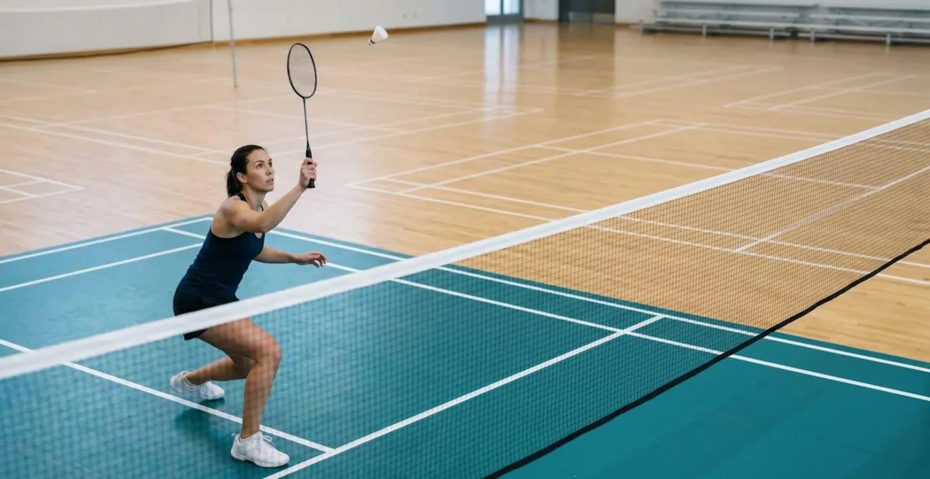 Joueur de badminton positionné au filet en position d'interception, raquette levée prêt à couper la trajectoire