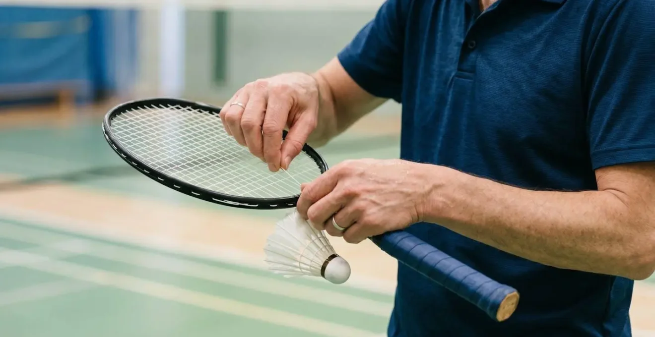 Moment de recentrage mental d'un joueur de badminton entre deux points décisifs